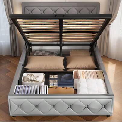 Ottoman Storage Bed , 4ft Small Double Upholstered Bed Frame, Ottoman Bed With Storage & Wooden Slats Small Double Bed Frame No Mattress - 140*200cm