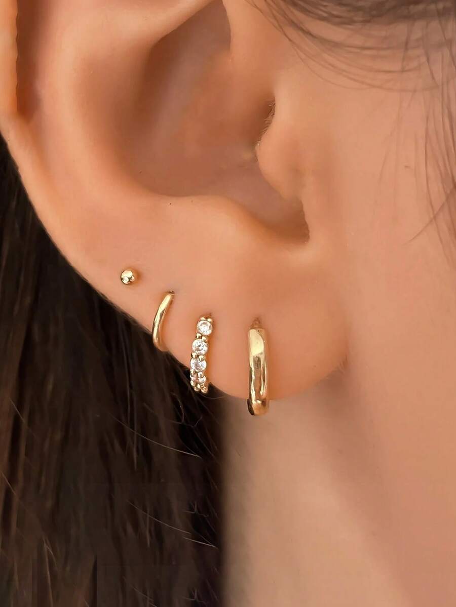 Set Anting Klasik CZ 4 Pasang, Dapat Ditumpuk, Cocok untuk Wanita; Anting Fashion Berlapis Emas 14K yang Indah, Desain Stud Datar, Cocok untuk Cuping Telinga, Tulang Rawan, Helix, dan Tindik Lainnya, Cocok untuk Anak Perempuan - Emas - View 1