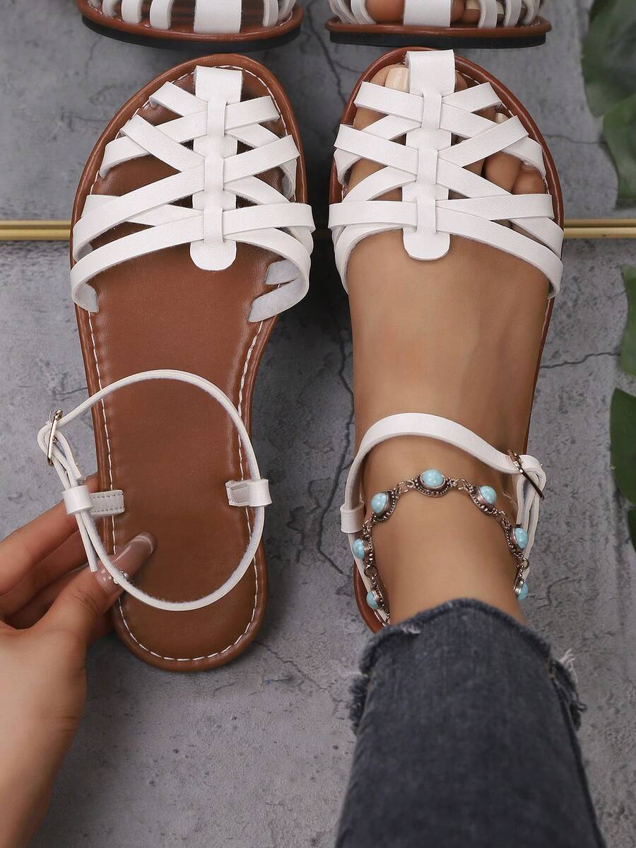 Giày sandal đế bệt tuyệt đẹp dành cho nữ, giày lười mũi kín mùa hè mới, giày ống thời trang & dép xăng đan La Mã kết hợp với váy - trắng - Xem 1