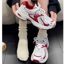 Large Size Sports Casual Shoes, Thick-Soled Sneakers, Leather And Mesh Splicing, Breathable, Versatile, Fashionable Couple Shoes, Outdoor Sports Running Shoes, Suitable For All Seasons - 白紅色 - 查看 5