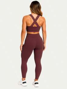 Leggings And Top Set For Gym Fitness Walking Bodybuilding Smooth Suplex A01 - 酒紅色 - 查看 2