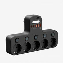 5AC 6USB European Standard Power Socket With Light Sensor Smart Night Light, Independent Outlet Switches With Overload Protection, Suitable For Bedroom, Living Room, Study, Kitchen, Etc.