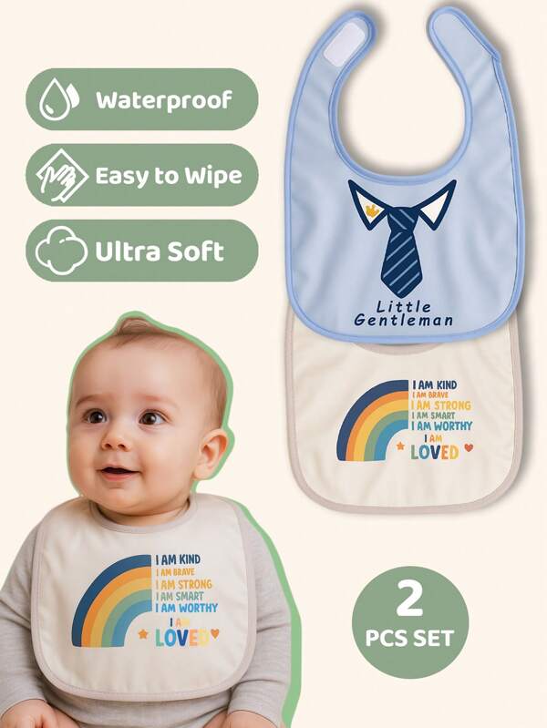 2 Packs Baby Boy Bibs – Waterproof, Soft & Easy Clean – Cute Tie & Rainbow Design For Mess-Free Mealtime – Waterproof Baby Bibs