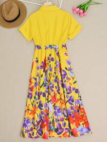New Women's Clothing Flower Print Round-Neck Waist-Tight Fashion Elegant Button-Up Swing Dress - Yellow - View 3