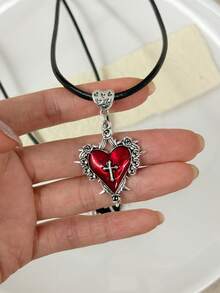 Dây chuyền da hình trái tim gai đỏ phong cách Gothic cổ điển, dây chuyền choker thánh giá tối màu phóng đại cho lễ Halloween - Trái tim - Xem 8