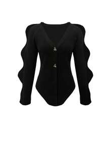 Women's New Black V-Neck Asymmetric Metal Button Wave Long Sleeve Asymmetric Hem Striped Textured Sexy Casual Office Knit Sweater, Autumn/Winter - Black - View 8