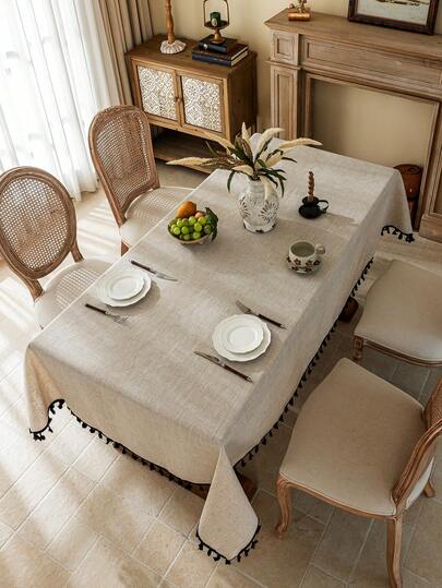 1 件纯色亚麻桌布，黑色流苏装饰，复古矩形餐桌罩，适用于农舍厨房、餐桌、晚餐、家庭聚会、自助餐、婚礼、酒店装饰、日常家居装饰、感恩节装饰、节日派对装饰、秋季装饰