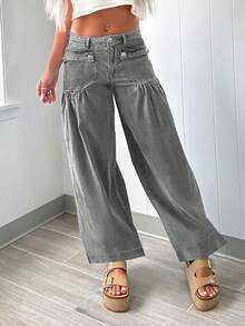 Fashionable Personalized Street Style Commuting Design Pleated Front Pocket Women Loose Straight Leg Jeans - Light Grey - View 1