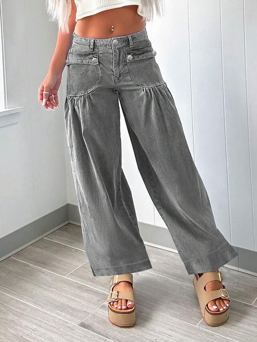 Fashionable Personalized Street Style Commuting Design Pleated Front Pocket Women Loose Straight Leg Jeans - Light Grey - View 1