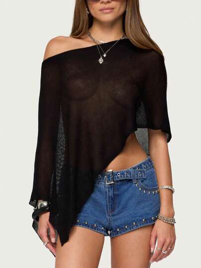 Women Sheer Poncho Top Lightweight Knit Crochet Shrug Bolero Mesh Batwing Sleeve Sweater Cover Up Beachwear