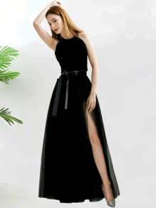 1pc Flare Tulle Skirt, New Arrival European & American Style, Tie-Waist Long Tail Skirt, Black/White/Ivory Polyester Casual - Multicolor - View 2