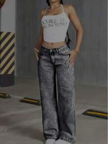 CALCA JEANS FEMININA WIDE LEG GRAFITE MARMORIZADA CINTURA ALTA 100% ALGODAO