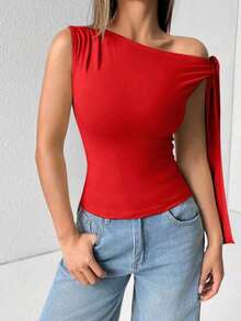Elegant Suplex T-Shirt Top With Asymmetrical Shoulders And Straps, Ideal For Daily Use, Outings, Nightclubs, Parties, Halloween Costumes - 紅色 - 查看 5