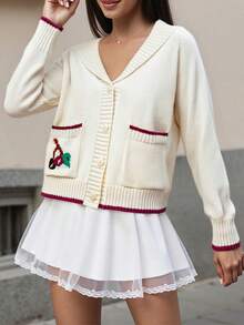 Women Button Up Sweaters Casual Cherry Pattern Long Sleeves Knit Cardigans Warm Fall Knitwear For Streetwear - Beige - View 2