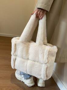 Large Capacity Plush Handbag For Women, 2025 New Autumn/Winter Versatile Furry Tote Bag, Shoulder Bag For Commuting - White - View 5