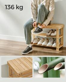 SONGMICS Coat Rack Shoe Bench Set, Hall Tree With Bench, Multifunctional, 5 Double Metal Hooks, 3-Tier Bamboo Shoe Rack, For Hallway, Bedroom, Living Room, Natural Beige - Beige - View 4