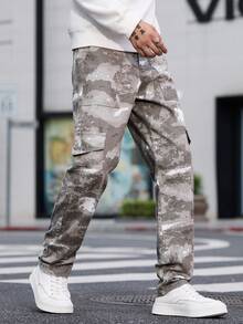 1pc American Casual Brand Camouflage Men's Multi-Pocket Skinny Jeans, Comfortable Washed Denim Pants (No Belt Or Accessories) - Beige - View 5