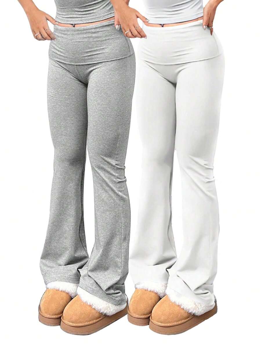2pcs/Set Trouser Style Yoga Pants For Women Elastic Waist Gym Workout Flare Leggings Casual High Waisted Bootcut Yoga Pants - 淺灰色+白色 - 查看 1