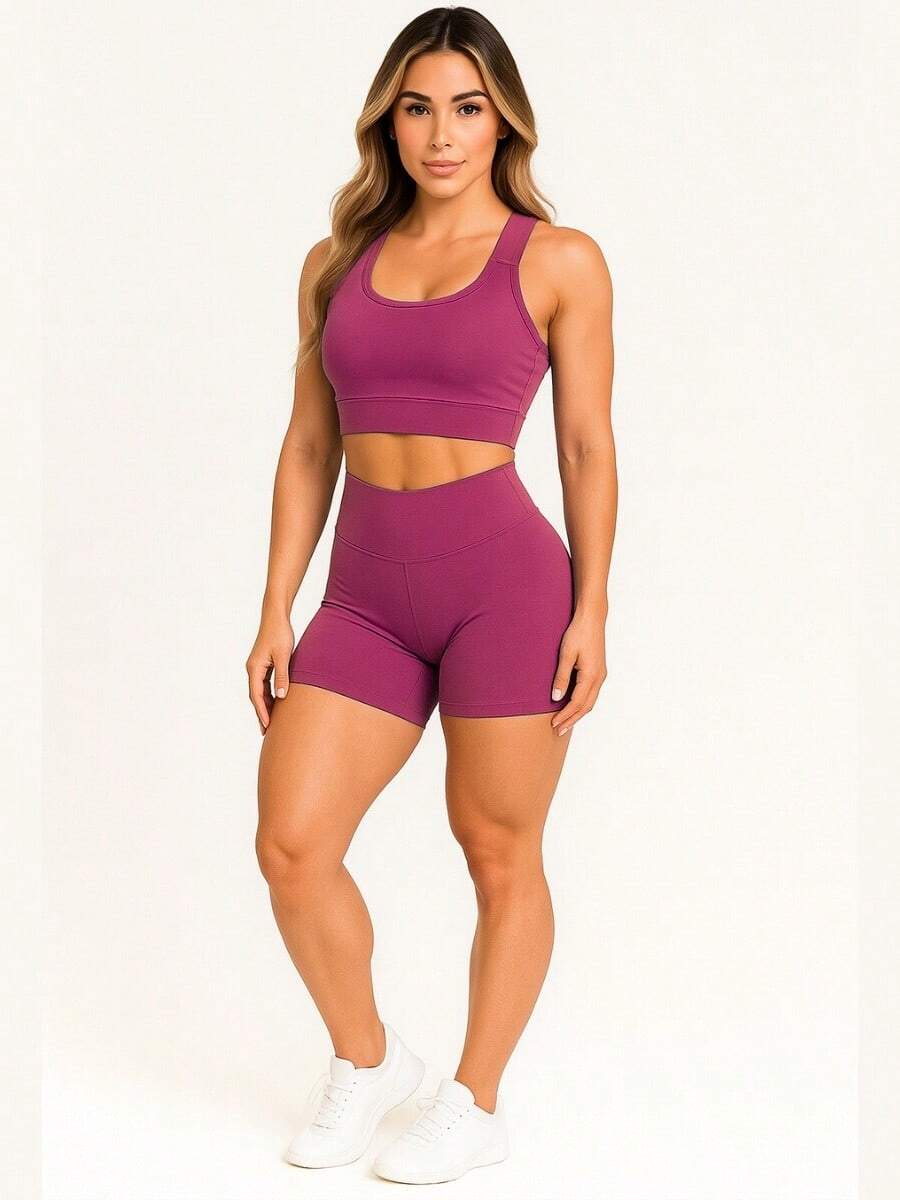AKORIO MODAS Women's Fitness Fashion Top And Short Set Yoga Running A11 - Rosa - 查看 1