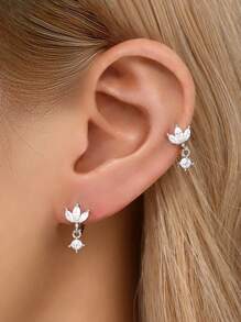 1件精致925纯银四叶草造型锆石耳夹耳环，带吊坠，低致敏性，适合女性日常佩戴 - 三葉草+圓鑽吊墜耳圈 - 查看 6