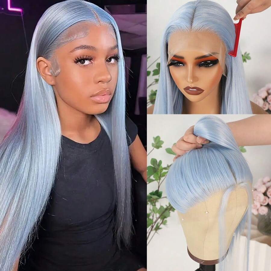 13X4 Free Part Blue Lace Front Wigs 26 Inch Pre Plucked Long Straight Hair Wigs Glueless Soft Light Blue Colored Wigs Heat Resistant Long Blue Straight Synthetic Lace Front Wigs For Fashion Women For Daily Christmas Party Cosplay Use - 霧霾藍 - 查看 1
