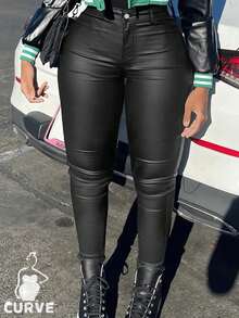 Plus Size Y2K Streetwear Coated Skinny Pants, Autumn - Black - View 7