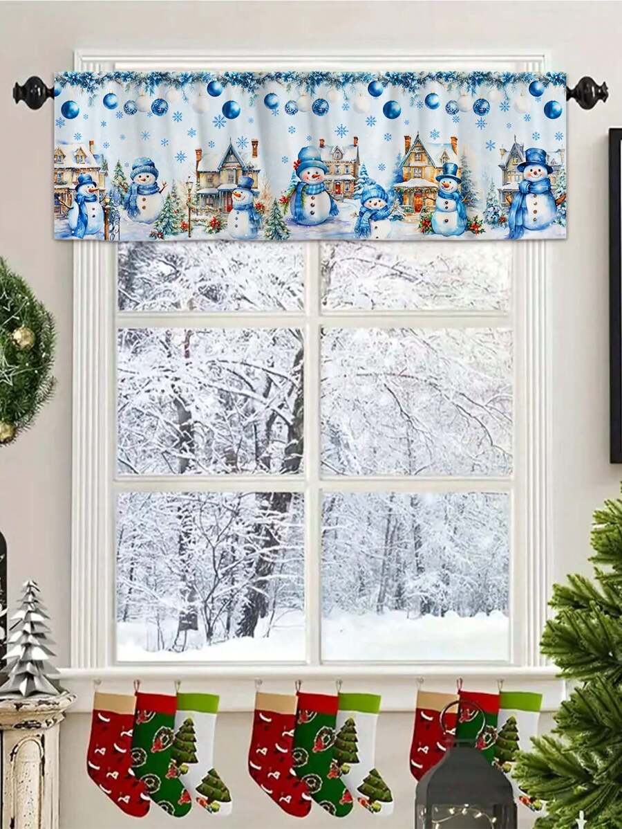 Cortina con tema navideño de 45*140cm, decoración de ventana - Cortina con patrón de pueblo nevado y muñeco de nieve de Navidad azul con bolsillo para barra, adecuada para cocina, dormitorio, oficina y decoración de sala de estar, material de poliéster, decoración navideña para todo el año