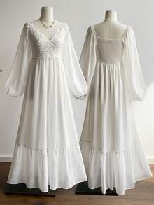 白色钩针蕾丝拼接长裙透明雪纺长袖高腰礼服波西米亚风茶会礼服 - 白色 - 查看 3