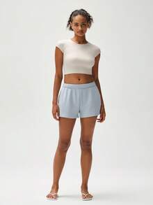 RRIVE Solid High Waisted Dolphin Shorts Elastic Waist Lounge Bottoms Cotton Blend Y2K Casual Workout Sweatshorts With Pockets - Màu xanh bụi bặm - Xem 3