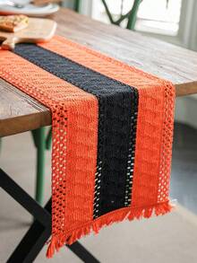 1 pièce Chemin de table tissé pour Halloween, nappe à rayures orange avec franges ajourés, convient pour Halloween, festivals quotidiens, rassemblements, fêtes, décoration de la maison, fond pour la photographie - Multicolore - Voir 3