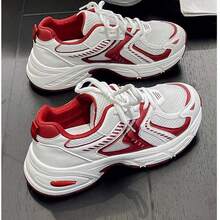 Large Size Sports Casual Shoes, Thick-Soled Sneakers, Leather And Mesh Splicing, Breathable, Versatile, Fashionable Couple Shoes, Outdoor Sports Running Shoes, Suitable For All Seasons - 白紅色 - 查看 1