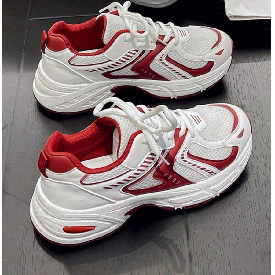 Large Size Sports Casual Shoes, Thick-Soled Sneakers, Leather And Mesh Splicing, Breathable, Versatile, Fashionable Couple Shoes, Outdoor Sports Running Shoes, Suitable For All Seasons - 白紅色 - 查看 1
