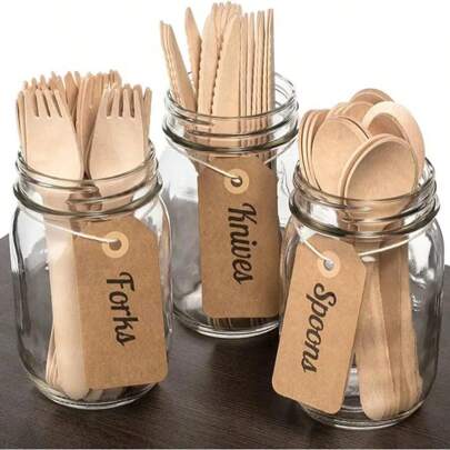 HOT BARGAINS 300 PCS Disposable Wooden Cutlery Set Plastic Free 100x Forks, 100x Spoons, 100x Knives & Mixed Set 16cm Size For Wedding Party Etc