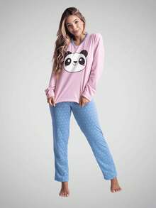 Women's Winter Long Pajamas Women Knitted Fabric Long Sleeve - Màu Lilac Tím - Xem 4