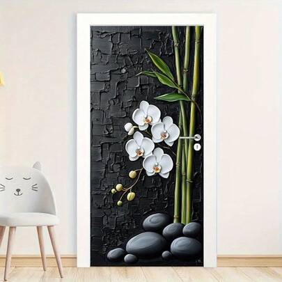 1/2pcs Zen Garden Bamboo Wall Sticker - Self-Adhesive, Removable Wall Mural With Orchid And Stone Decor, Black Wall Decal, Suitable For Bedroom, Living Room, Bathroom, Minimalist Home Decor, Zen Home Decor Room Decor Bedroom Decor Kitchen Decor Wall Decor Stickers