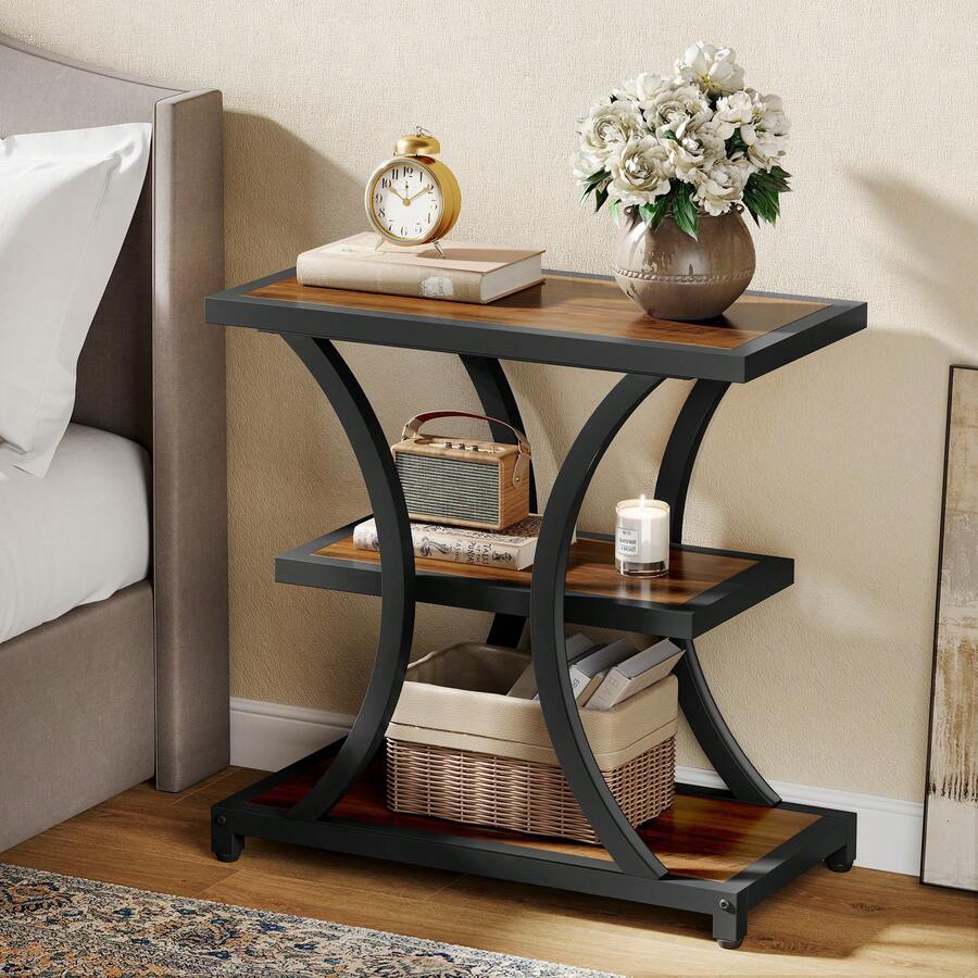 Tribesigns 3-Tier End Table With Storage, Industrial Side Table With Geometric Metal Design, Nightstand For Small Spaces, Living Room, Bedroom, Or Study Room - Rustic Brown - View 1