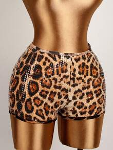 Summer Sexy Colorblock Slim Fit Shorts Cheetah Print Sequins Booty Shorts Party Festival Outfits For Women - 棕色 - 查看 3