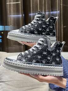 New Autumn/Winter Rhinestone Embellished High-Top Sneakers, Thick Sole Casual Shoes, Suitable For Street Style, Daily Commute, Office And Leisure Wear - màu đen - Xem 5