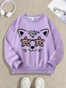 1PC Girl Leopard - Print Star & Cat - Element Crew Neck Sweatshirt, Comfortable, Spring Autumn School Activities Personalized Style - Purple - View 2