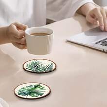 A Set Of 5 Wooden Coasters With Tropical Plant Green Leaf Pattern, Choose 1 Set Or 37 Sets, Creative Art Home Decoration, Suitable For Home, Kitchen, Desk Daily Water Coasters, Perfect Gift, Housewarming Gift, Birthday Gift, Gift For Family, Friends - Green - View 6