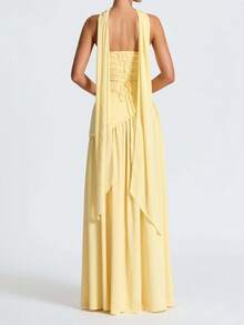 Irregular Sheath Tie Dress Women French  Split Long Dresses - 黃色 - 查看 2