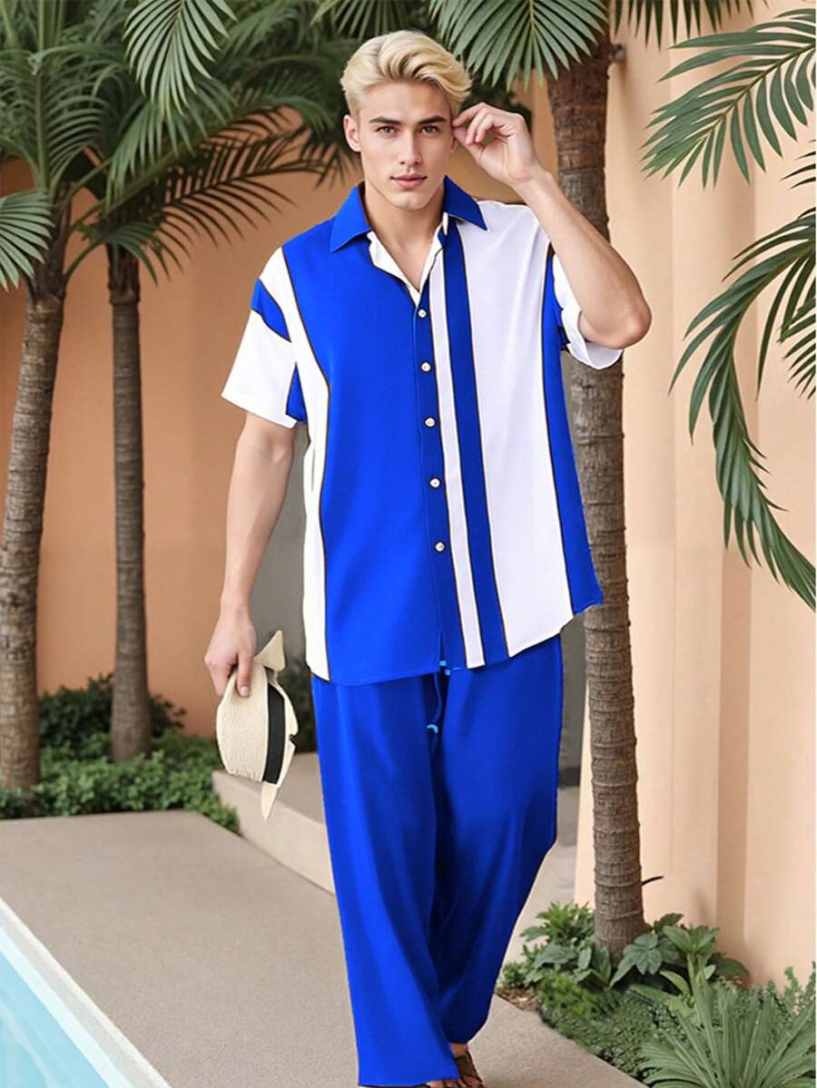 2 Piece Men's Geometric Print Short-Sleeved Shirt Clear Color Drawstring Pants Set Breathable Short-Sleeved Shirt And Drawstring Shorts Set Home Party Style, Perfect For Summer Outdoor And Casual Wear - Comfortable Fit Complete Two-Piece Men's Outfit - Màu xanh lam - Xem 1