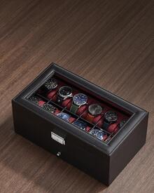 Watch Box, Watch Case With Glass Lid, 2-Tier Watch Display Case For 12 Watches, Lockable, 1 Drawer, For Rings, Bracelets, Gift Idea, Black Synthetic Leather, Wine Red Lining Back To School Dormitory Storage - Black + Wine Red - View 3