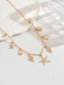 1pc Summer Beach Vacation Starfish, Mermaid, Seashell, Coconut Tree Pattern Necklace For Women - Gold - View 3