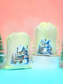 6 件圣诞主题束口袋，圣诞礼品袋，蓝色雪城和雪人设计，适合圣诞节装饰，圣诞礼品包装 - 彩色 - 查看 7