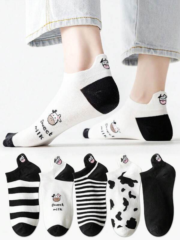 5 paires de chaussettes basses de mode mignonnes à imprimé vache pour femmes et hommes