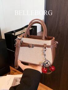 Casual Contrast Color Texture Versatile Commute Retro Leather Buckle Small Handbag With Pendant For Women - Coffee - View 4