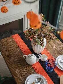1 pièce Chemin de table tissé pour Halloween, nappe à rayures orange avec franges ajourés, convient pour Halloween, festivals quotidiens, rassemblements, fêtes, décoration de la maison, fond pour la photographie - Multicolore - Voir 7