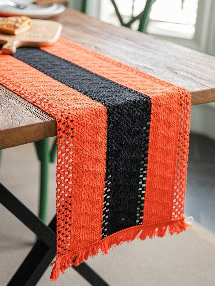 1 pièce Chemin de table tissé pour Halloween, nappe à rayures orange avec franges ajourés, convient pour Halloween, festivals quotidiens, rassemblements, fêtes, décoration de la maison, fond pour la photographie - Multicolore - Voir 1