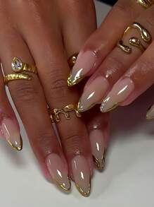 24 件长杏仁经典优雅高级不对称金线法式指甲，提升您的风格，包括：1 件果冻胶和 1 件指甲锉，法式杏仁尖指甲，适合女士女孩日常工作节日派对使用按压指甲美甲用品指甲